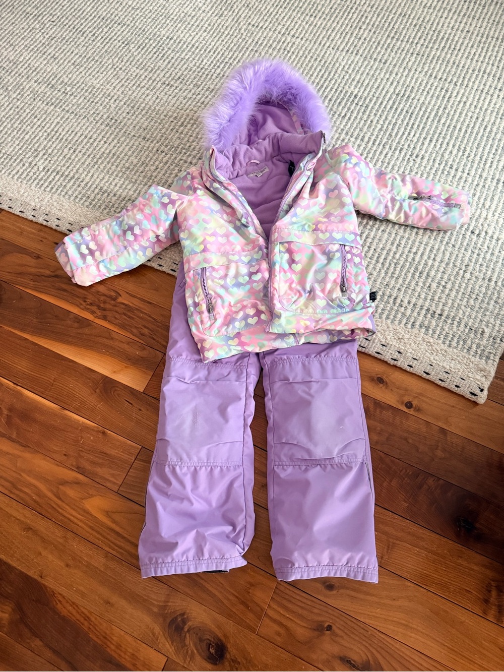 Deux par deux lilac Heart-Print Girls Snow Jacket & Pants Set